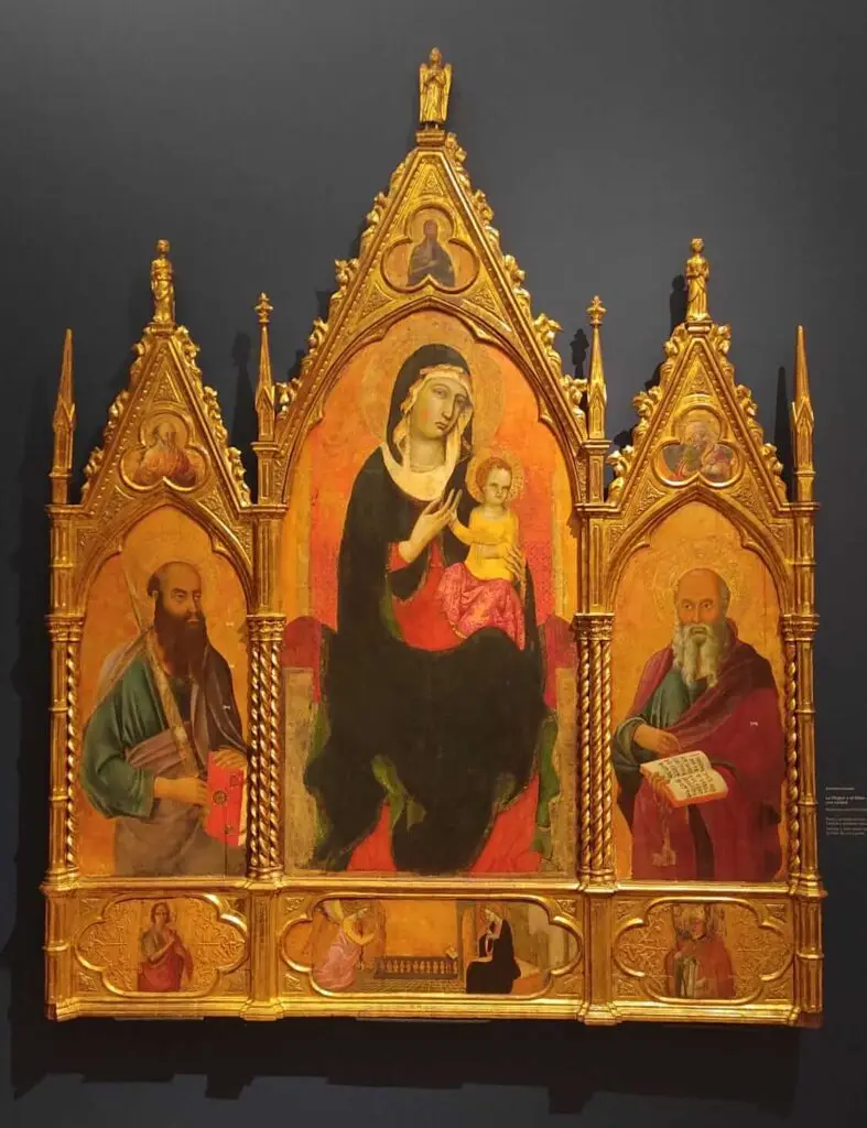 la virgen y el niño entronizados con santos