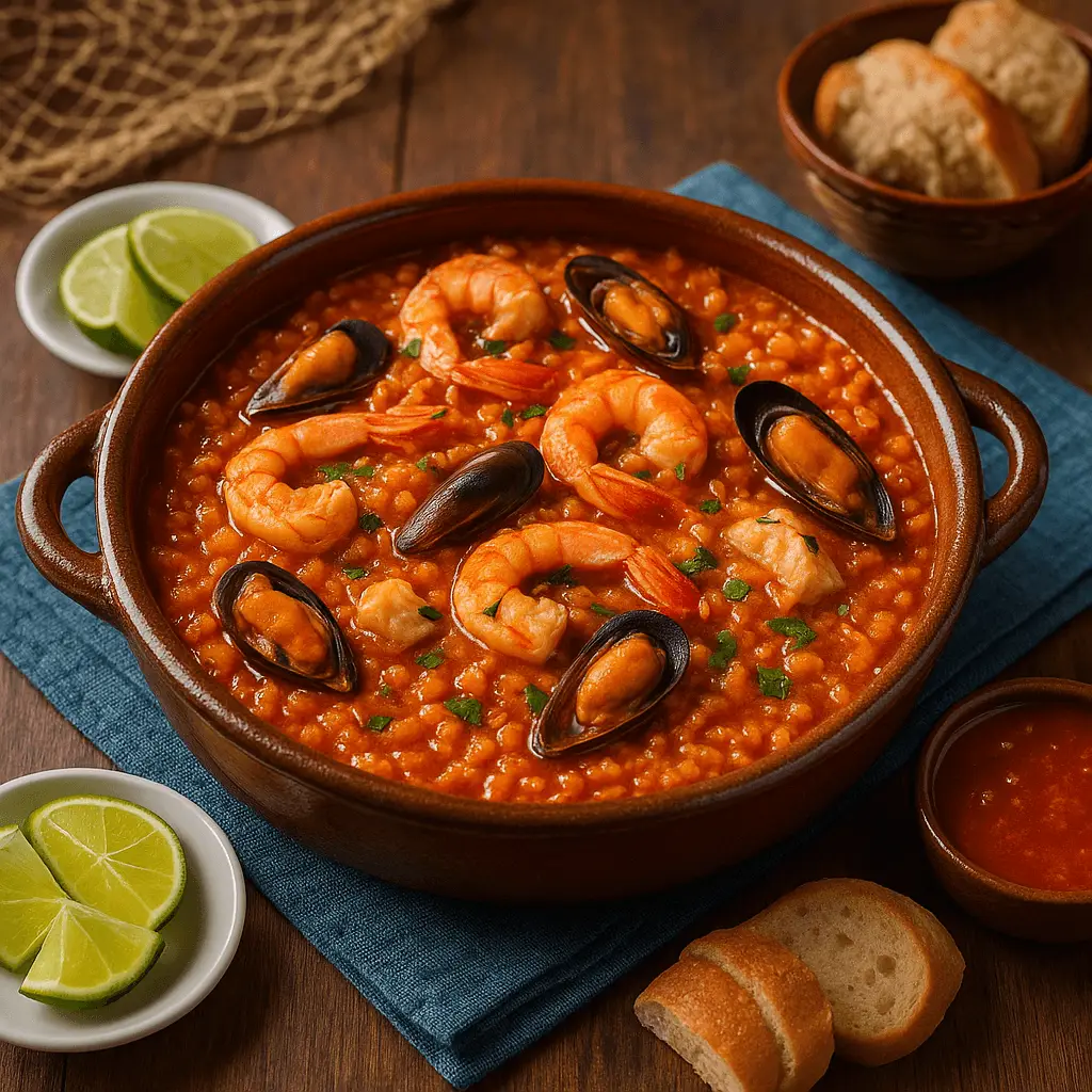 Cazuela de barro con arroz a la tumbada veracruzano, arroz rojo caldoso con camarones, mejillones y trozos de pescado, acompañado de gajos de limón, pan y salsa roja sobre mesa de madera con mantel azul.