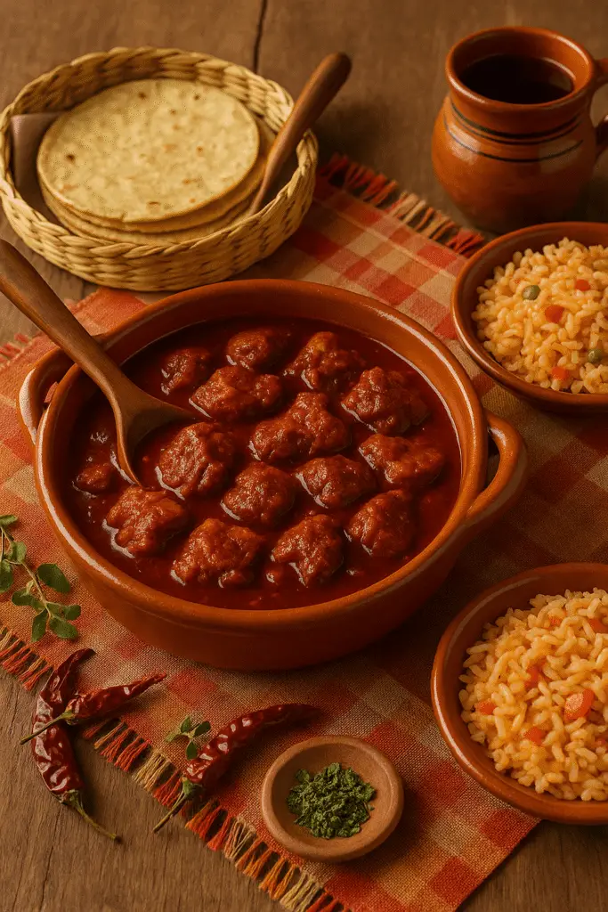 Cazuela de barro con asado de boda potosino, guiso de cerdo en salsa roja de chiles, servido con arroz, tortillas y jarro de barro sobre mesa rústica mexicana.