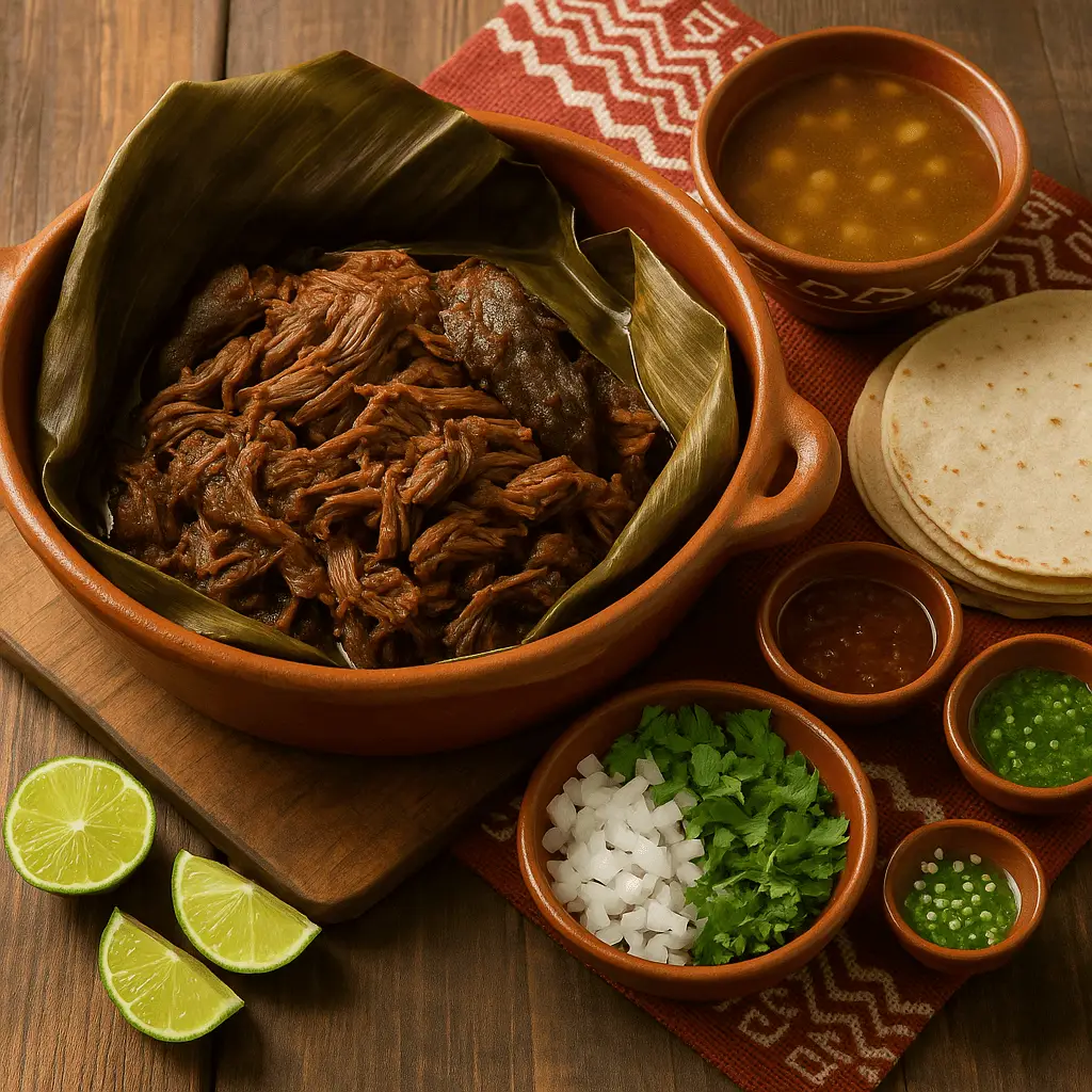 Cazuela de barro con barbacoa de borrego envuelta en pencas de maguey, acompañada de consomé con garbanzo, tortillas de maíz, cebolla, cilantro, limón y salsas sobre mesa de madera.