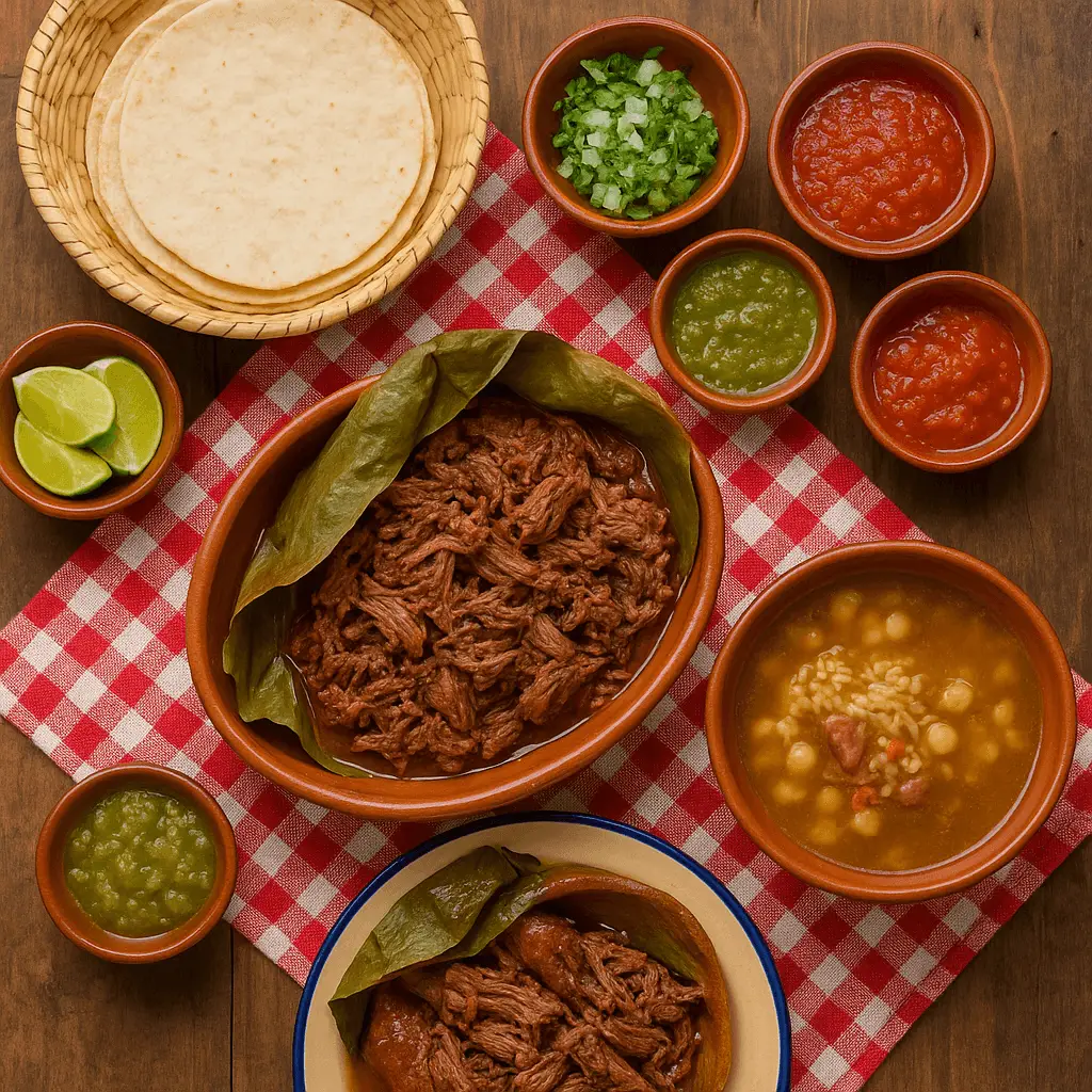 Cazuela de barro con barbacoa de borrego deshebrada envuelta en penca de maguey, junto a tazón de consomé con garbanzo, tortillas, limón, cebolla, cilantro y salsas sobre mantel a cuadros rojos.