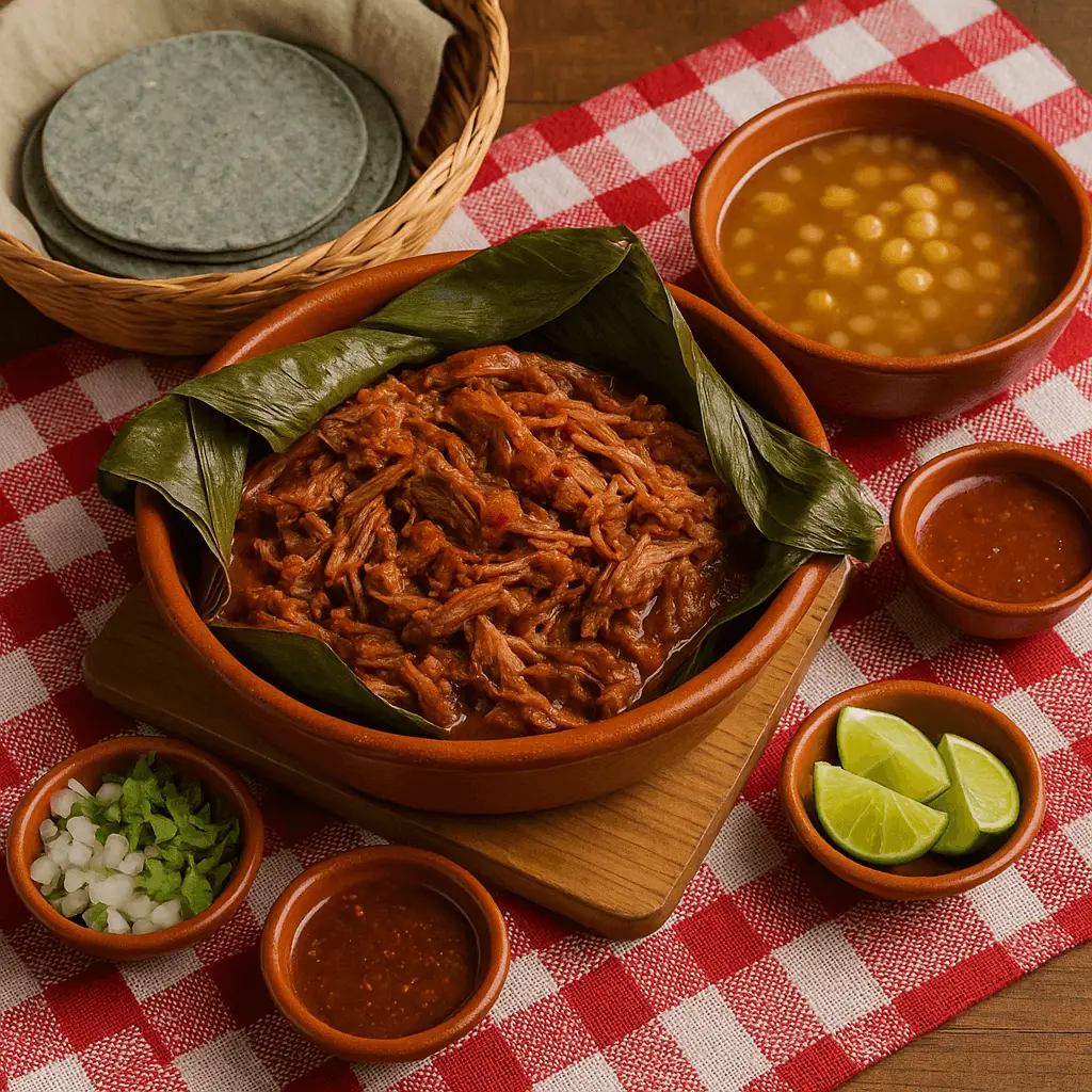 Cazuela de barro con barbacoa de borrego envuelta en pencas de maguey, acompañada de consomé con garbanzo, tortillas de maíz azul, salsa borracha, cebolla, cilantro y limón sobre mantel a cuadros rojos.