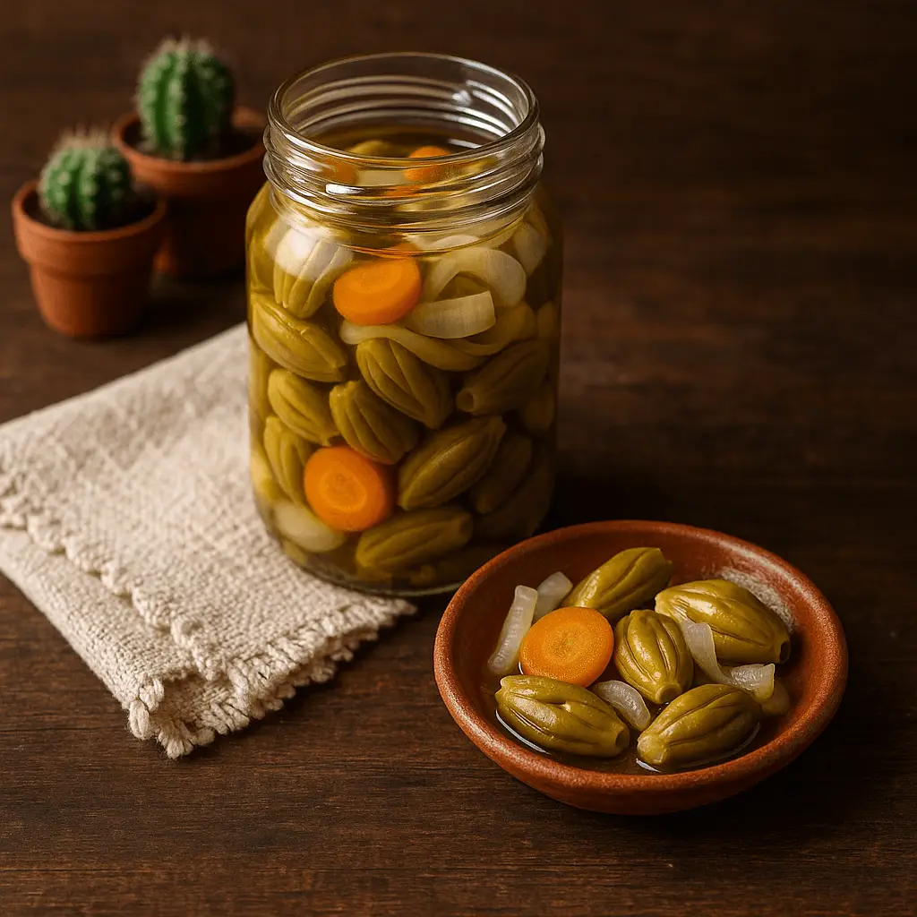 Frasco de cabuches en escabeche con zanahoria y cebolla, junto a plato de barro con porción servida sobre mesa de madera rústica y pequeños cactus decorativos.
