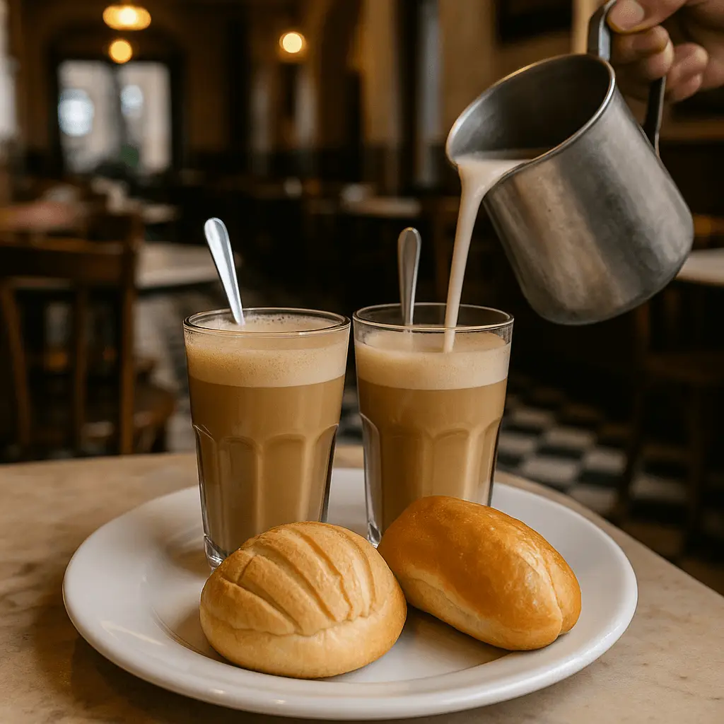 Dos vasos de café lechero sobre plato blanco con pan dulce, mientras un mesero vierte leche caliente desde una jarra metálica en una cafetería tradicional con piso ajedrezado en Veracruz.