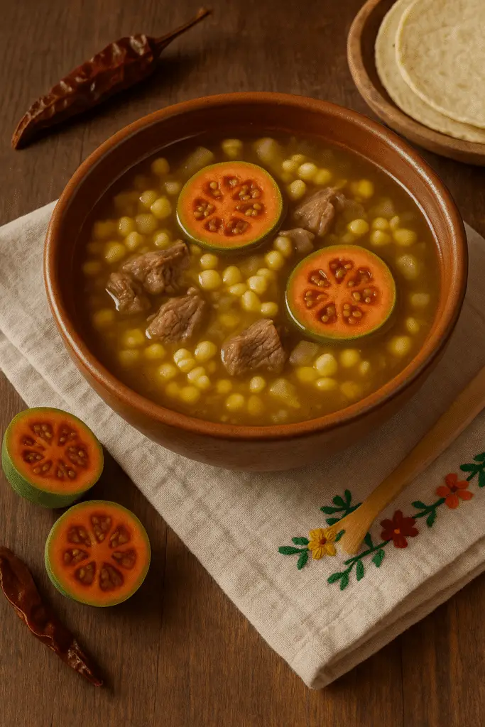 Tazón de barro con caldo de xoconostle, sopa con elote, garbanzo, trozos de carne y rodajas de xoconostle, acompañado de tortillas, xoconostles frescos y chile seco sobre mesa de madera