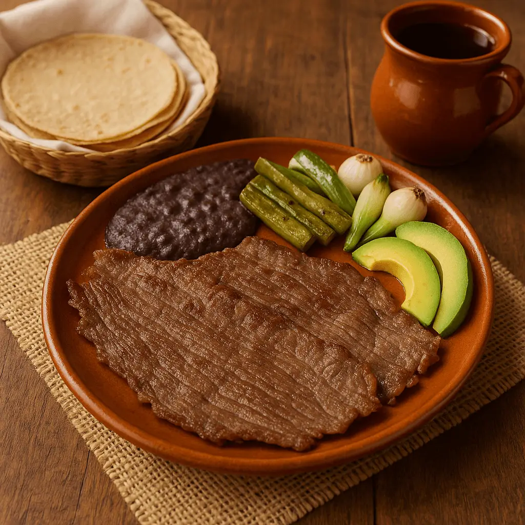 Plato de barro con tiras de cecina de Yecapixtla asada, acompañada de frijoles refritos, nopales y cebollitas cambray, con tortillas en tortillero de palma y jarrito con agua de jamaica sobre mesa de madera.