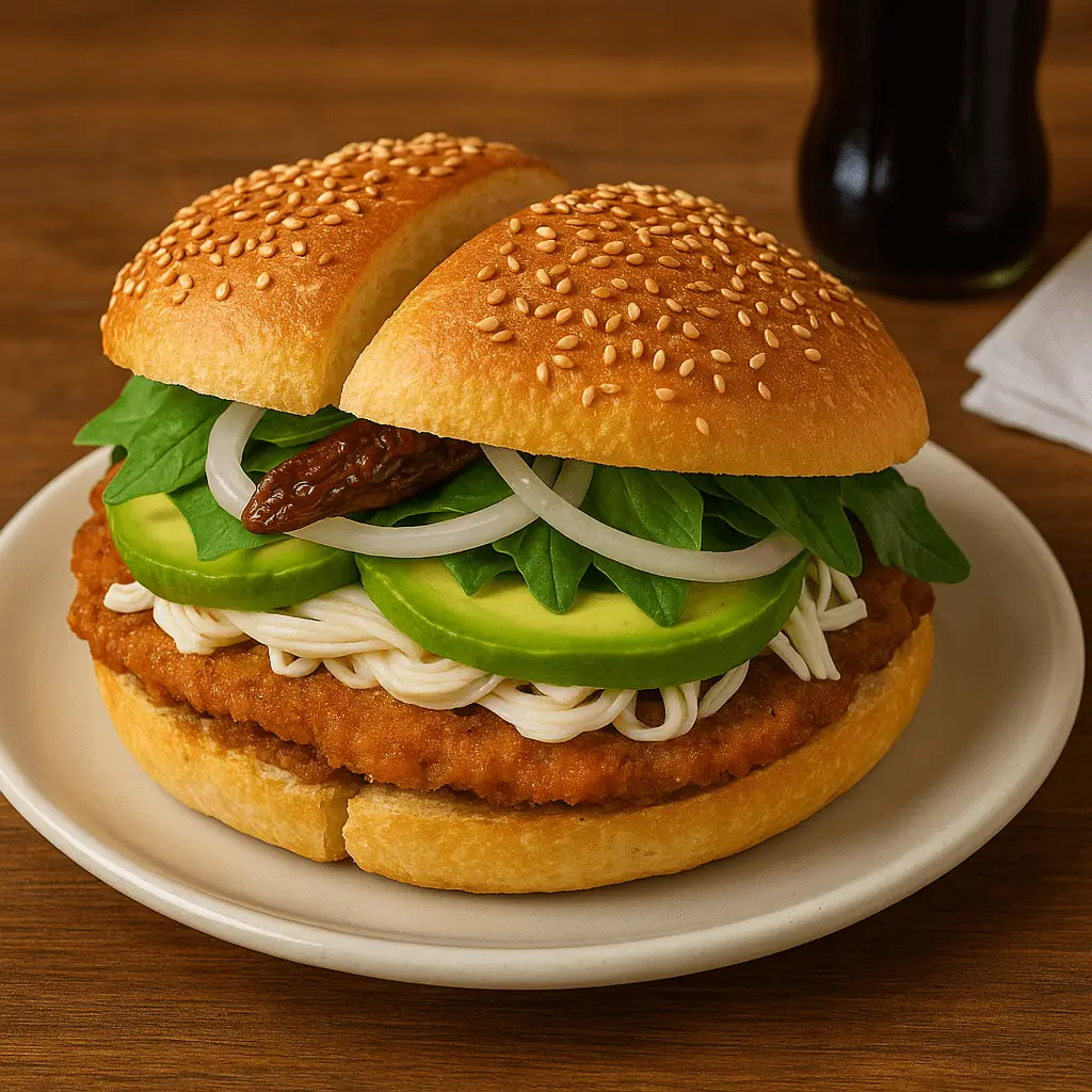 Cemita poblana en plato de cerámica, pan con ajonjolí relleno de milanesa empanizada, quesillo, rebanadas de aguacate, hojas de pápalo, cebolla y chile chipotle, sobre mesa de madera.