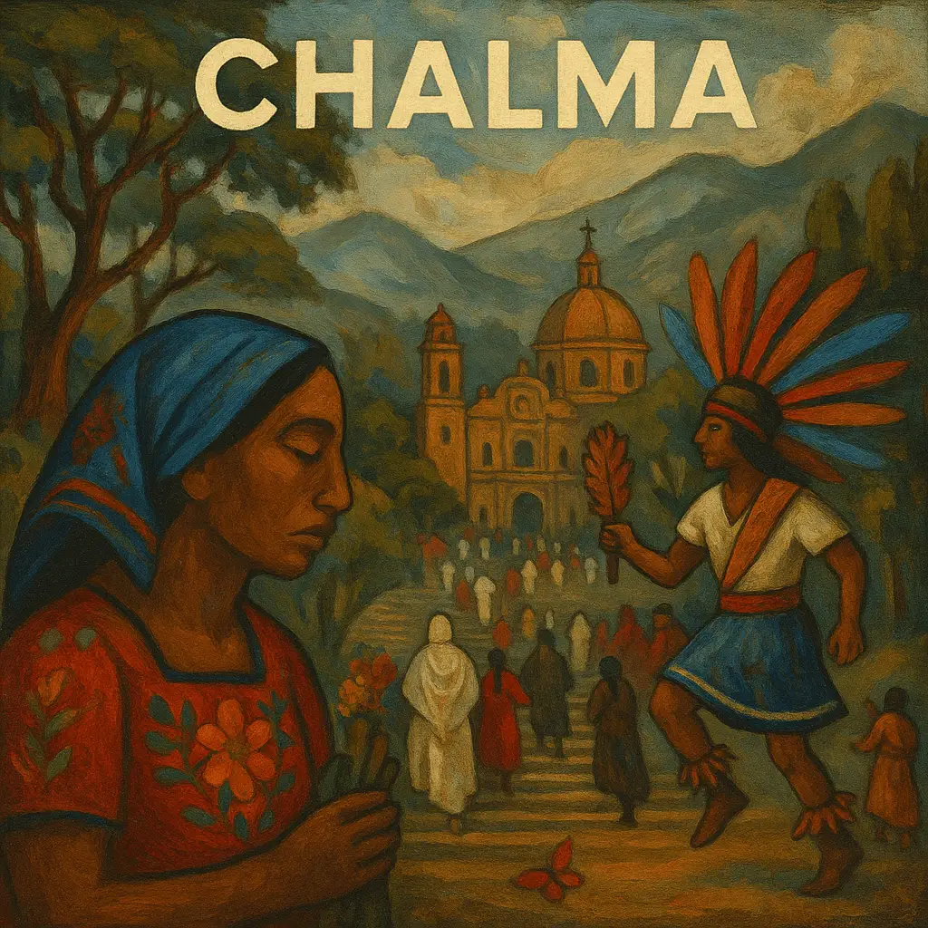 Santuario de Chalma rodeado de montañas y peregrinos.