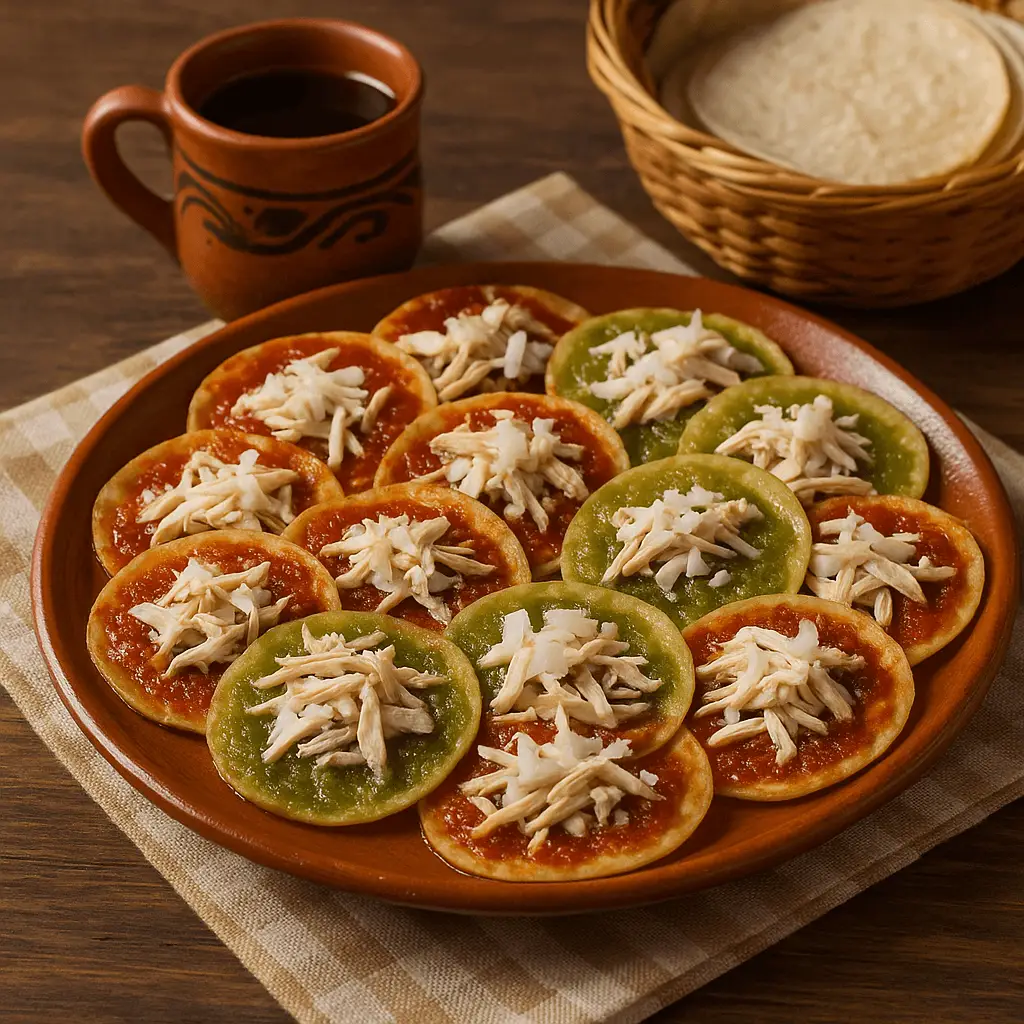 Plato de barro con chalupas poblanas, tortillitas fritas cubiertas de salsa verde y roja con pollo deshebrado y cebolla, acompañadas de jarrito de café y canasta de tortillas sobre mesa de madera.