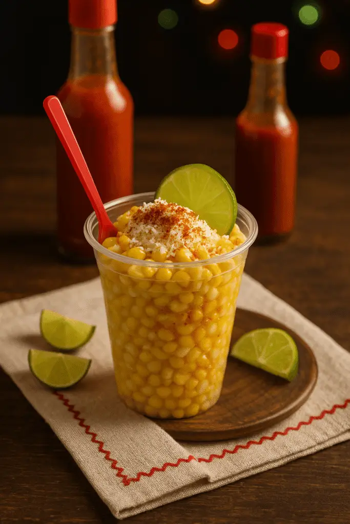 Vaso transparente con chaska de Aguascalientes, elote en grano con queso, chile y limón, sobre mesa de madera con salsas y rebanadas de limón al fondo.