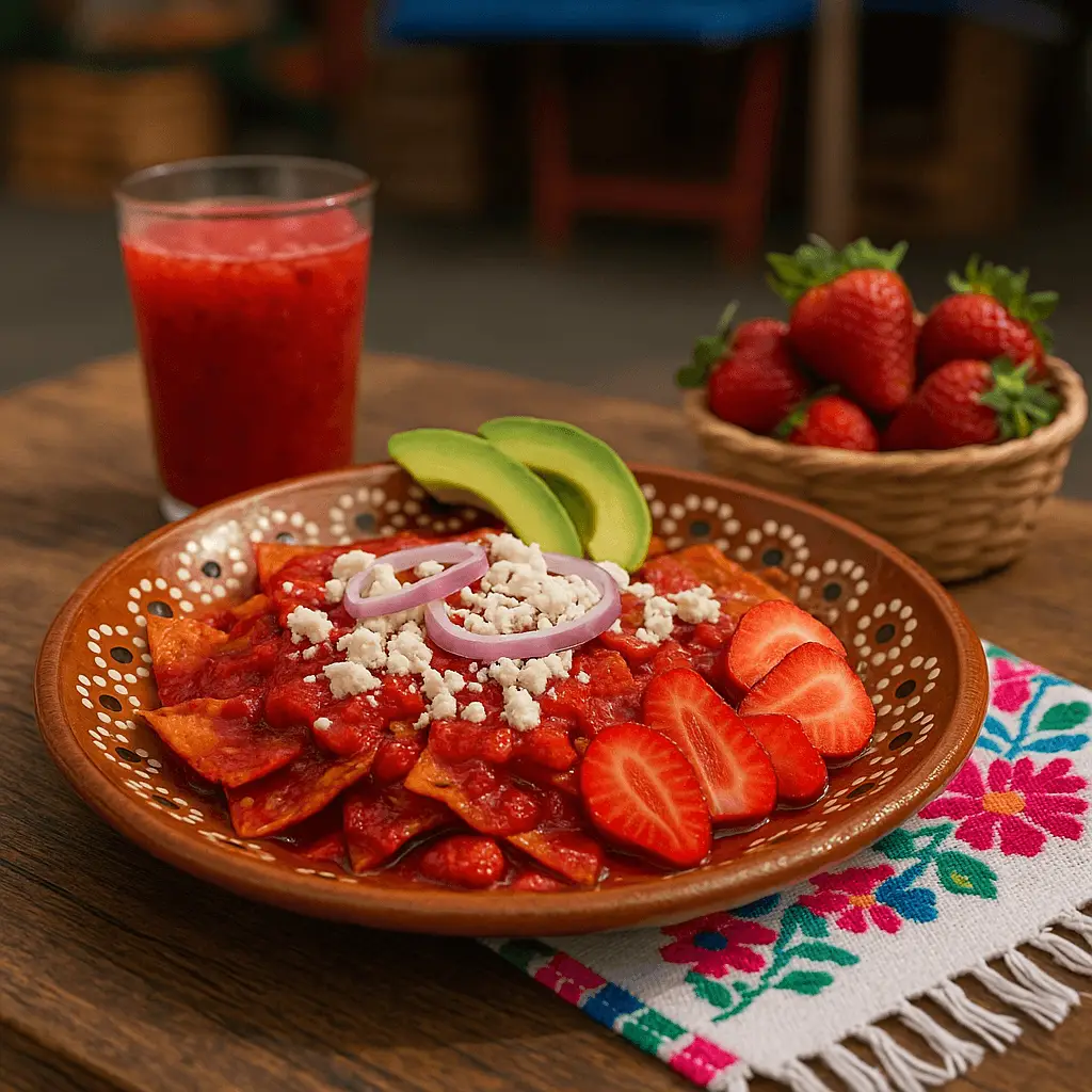 los chilaquiles de fresa existen y son un platillo único que se puede encontrar en Irapuato, Guanajuato