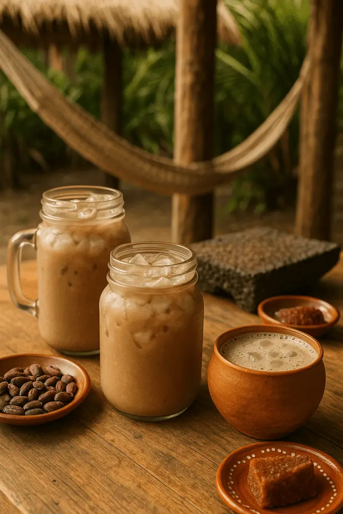 Jarras de vidrio y jícara de barro llenas de chilate con hielo, rodeadas de cacao tostado, piloncillo y un metate, bajo palapa con hamaca al fondo.