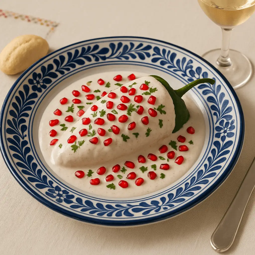 Chile en nogada poblano servido en plato de talavera azul y blanco, cubierto con salsa de nuez y decorado con granos de granada y perejil, con copa de vino blanco y pan al fondo sobre mantel claro.