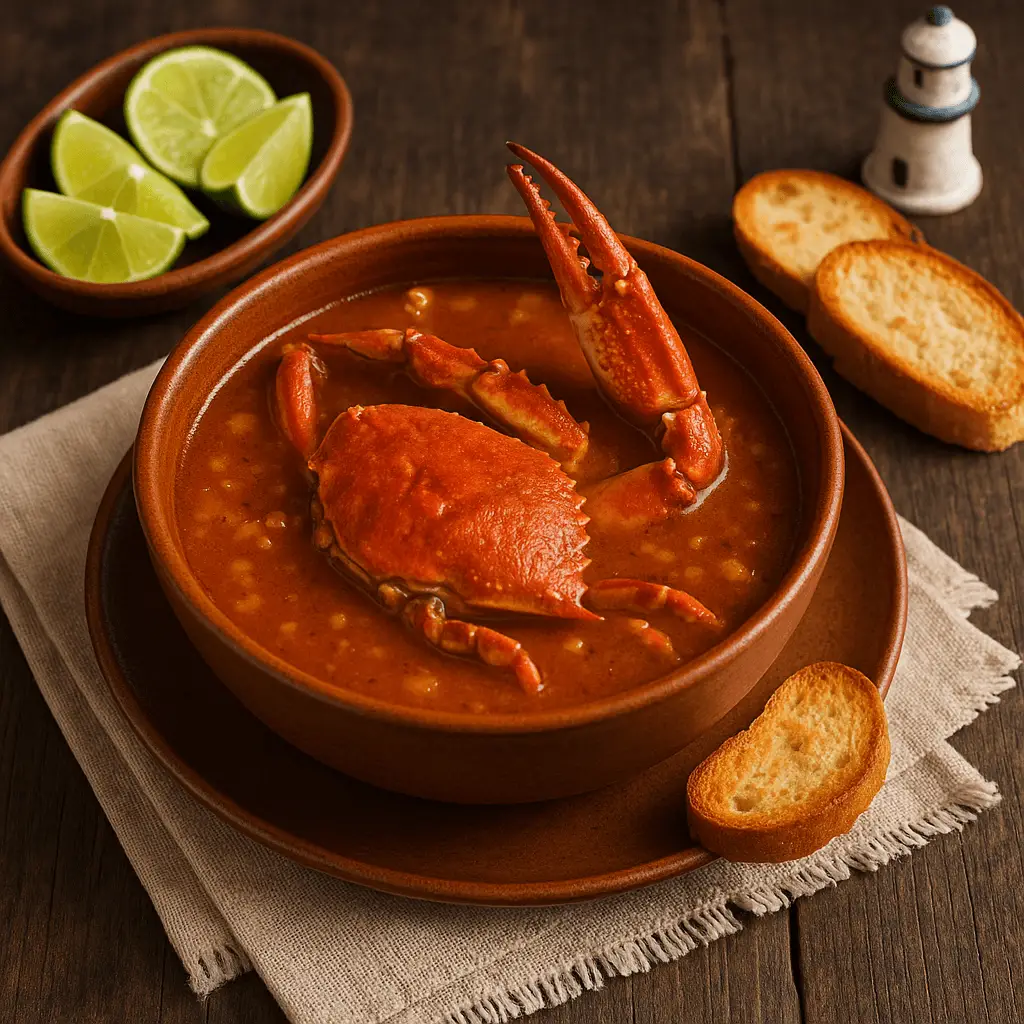 Tazón de barro con chilpachole de jaiba veracruzano, caldo rojo espeso con jaiba entera al centro, acompañado de gajos de limón, pan tostado y pequeño adorno de faro sobre mesa de madera.