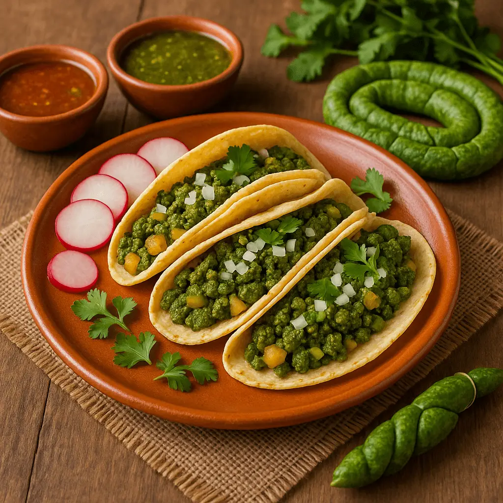 Plato de barro con tres tacos de chorizo verde de Toluca con papa, cebolla y cilantro, acompañados de rábanos rebanados, salsas roja y verde y chorizo crudo en trenza sobre mesa de madera.