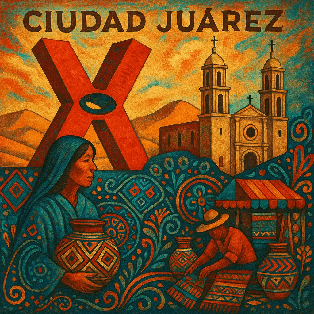 Horizonte urbano y lugares turísticos de Ciudad Juárez con vista al Río Bravo y frontera con Estados Unidos.