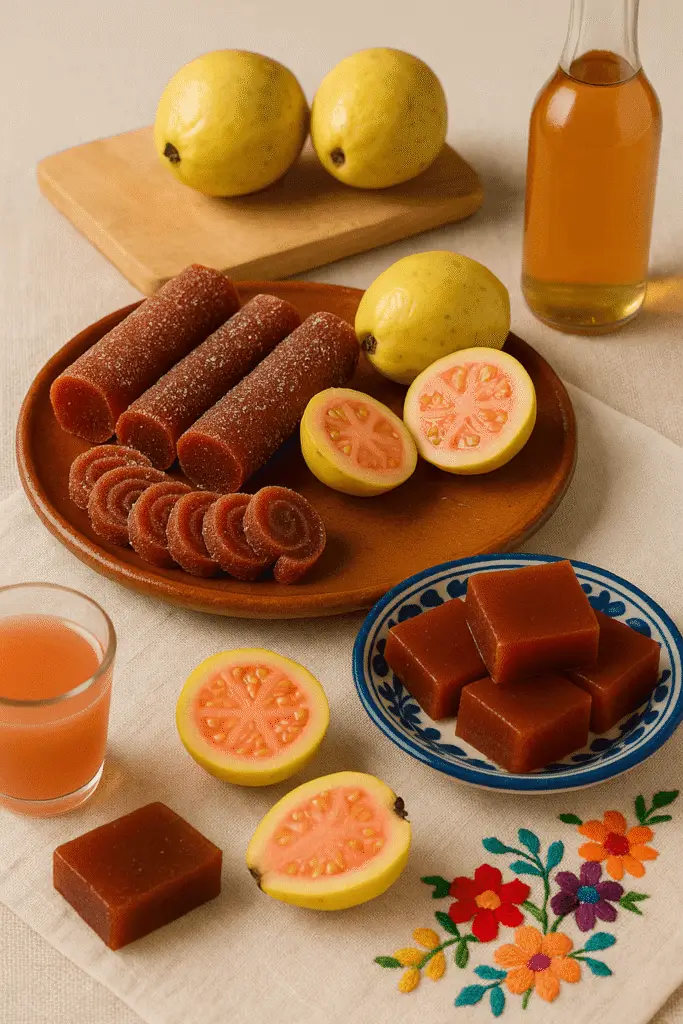 Plato de barro con rollos de guayaba azucarados y cubos de ate, rodeados de guayabas frescas, licor de guayaba y mantel beige con bordado floral de colores.