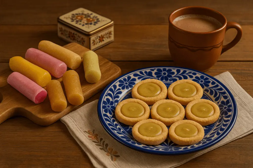 Plato de talavera con tortitas de Santa Clara y tabla con camotes poblanos de distintos colores, acompañados de taza de chocolate caliente y caja decorativa sobre mesa de madera.