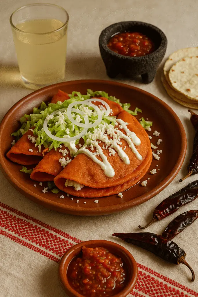 Plato de enchiladas potosinas tradicionales de San Luis Potosí, servidas con lechuga, crema, queso y salsa en molcajete sobre mantel mexicano.