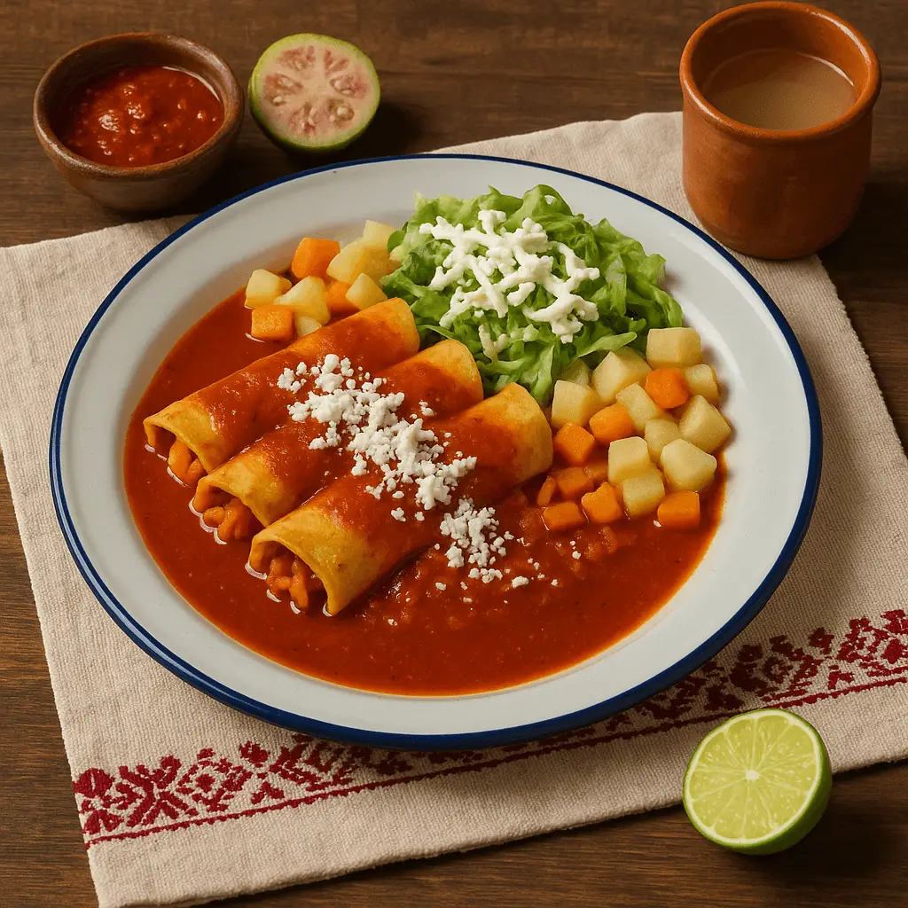 Plato de enchiladas queretanas enrolladas y bañadas en salsa roja, acompañadas de papa y zanahoria cocidas, lechuga con crema y queso, sobre mantel beige bordado.”