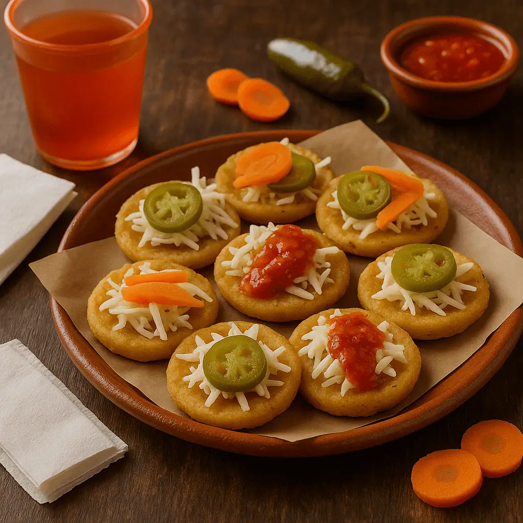 Plato de barro con esmeriles de Aguascalientes, pequeñas gorditas fritas cubiertas con queso rallado, chiles en vinagre, zanahoria y salsa roja, sobre mesa de madera con vaso de bebida al fondo.