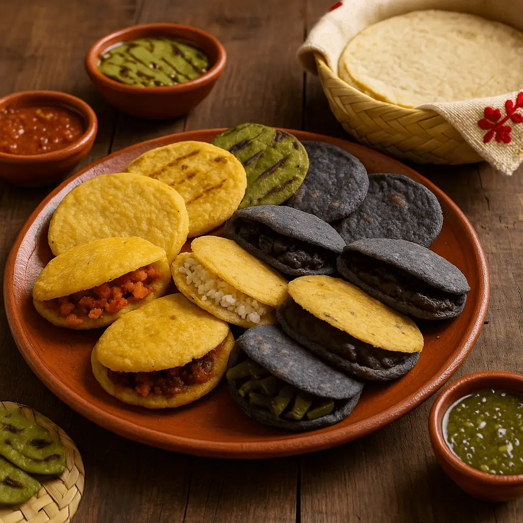 Plato de barro con gorditas de maíz quebrado amarillas y azules, algunas rellenas de migajas, frijoles, arroz y nopal, acompañadas de salsas y nopal asado sobre mesa de madera.