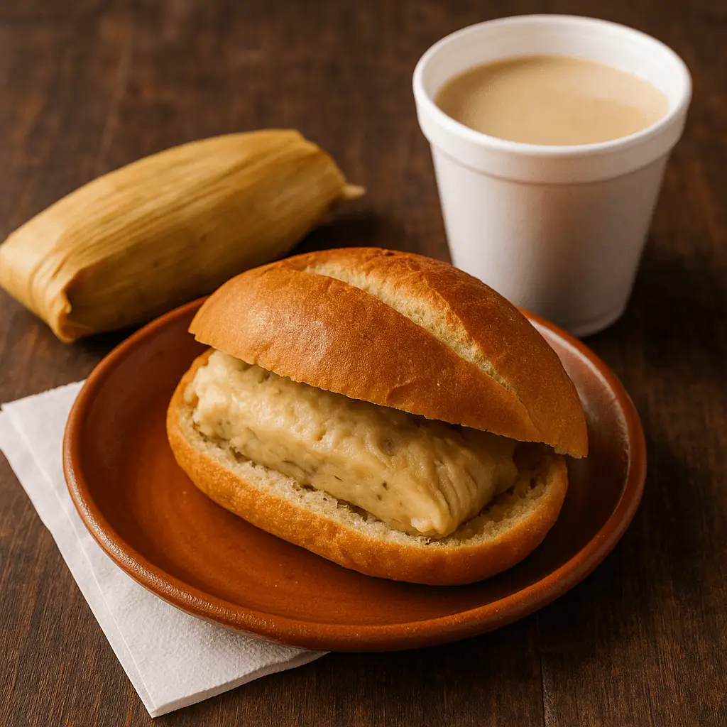 Guajolota de tamal verde en plato de barro, junto a tamal envuelto en hoja y vaso de atole en vaso de unicel, sobre mesa de madera.