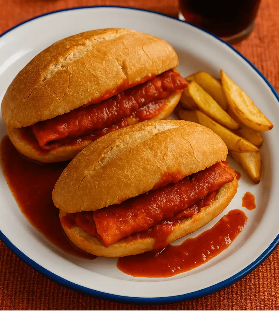 Plato de peltre con dos guajolotes de Tulancingo: bolillos rellenos de frijoles y enchiladas bañadas en salsa roja, acompañados de papas fritas y vaso de refresco.
