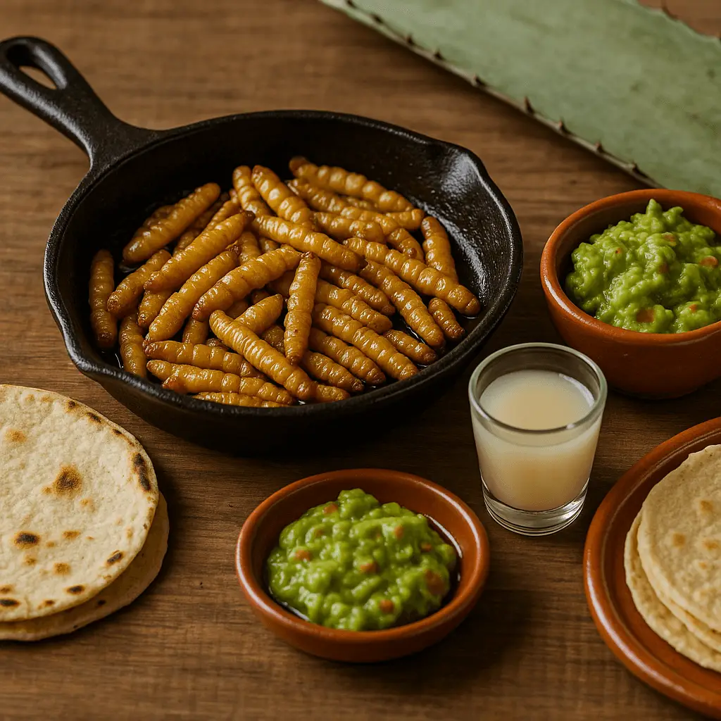 Sartén de hierro con gusanos de maguey fritos, acompañados de tortillas de maíz, guacamole en cazuelitas de barro y vaso de pulque, con penca de maguey al fondo sobre mesa de madera.