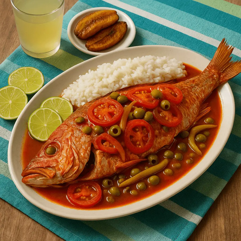 Huachinango a la veracruzana en plato ovalado, pescado entero en salsa de jitomate con aceitunas, jitomate y chiles güeros, acompañado de arroz blanco, plátano macho frito, gajos de limón y vaso de bebida sobre mantel a rayas en tonos azul y verde.