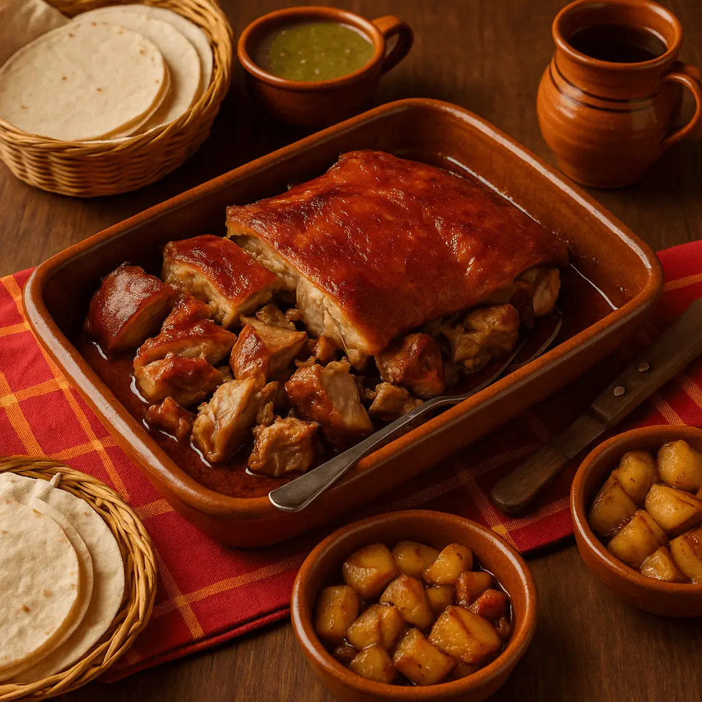 Charola de barro con lechón al horno de Aguascalientes, piel dorada y carne en trozos, rodeada de papas doradas, tortillas y salsa sobre mantel a cuadros.