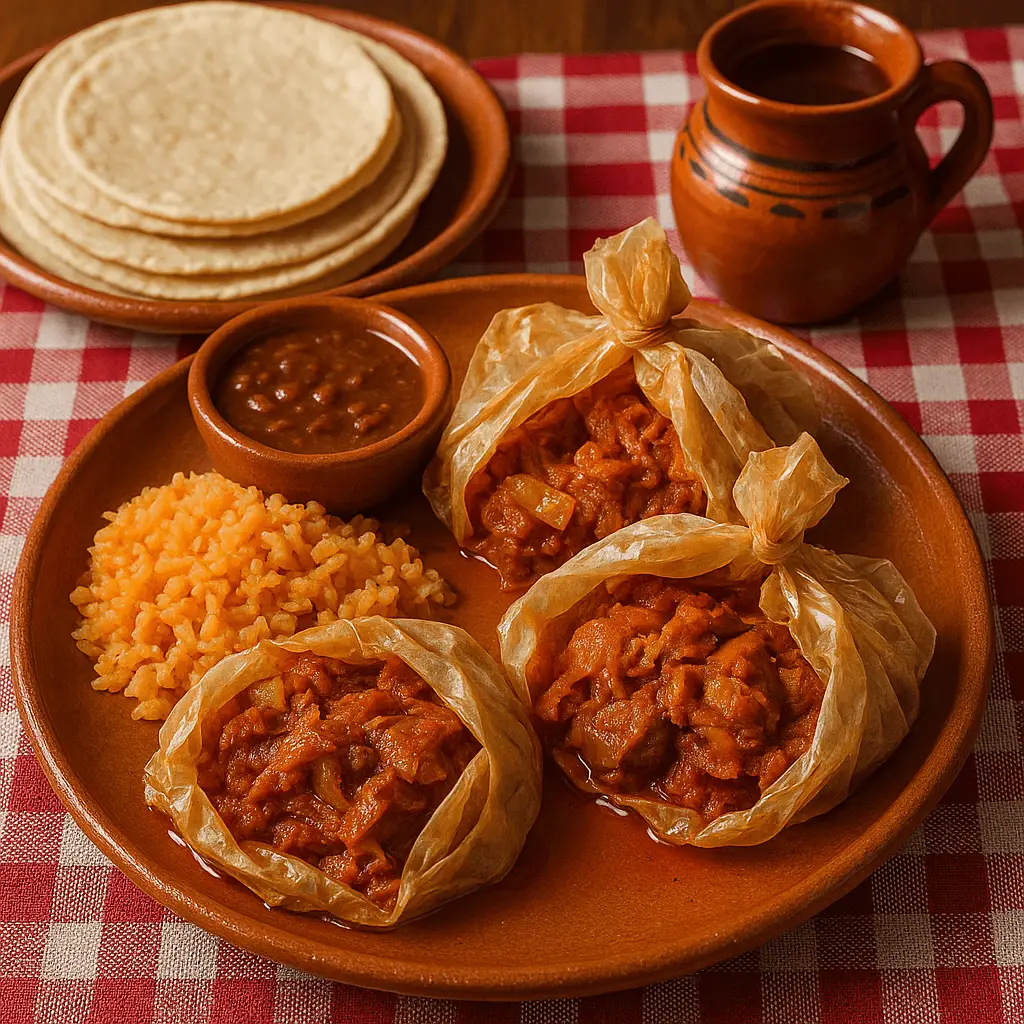 Plato de barro con mixiotes abiertos, paquetes de carne en adobo de chile, acompañados de arroz rojo, frijoles, tortillas de maíz y jarrito de barro sobre mantel a cuadros rojos.