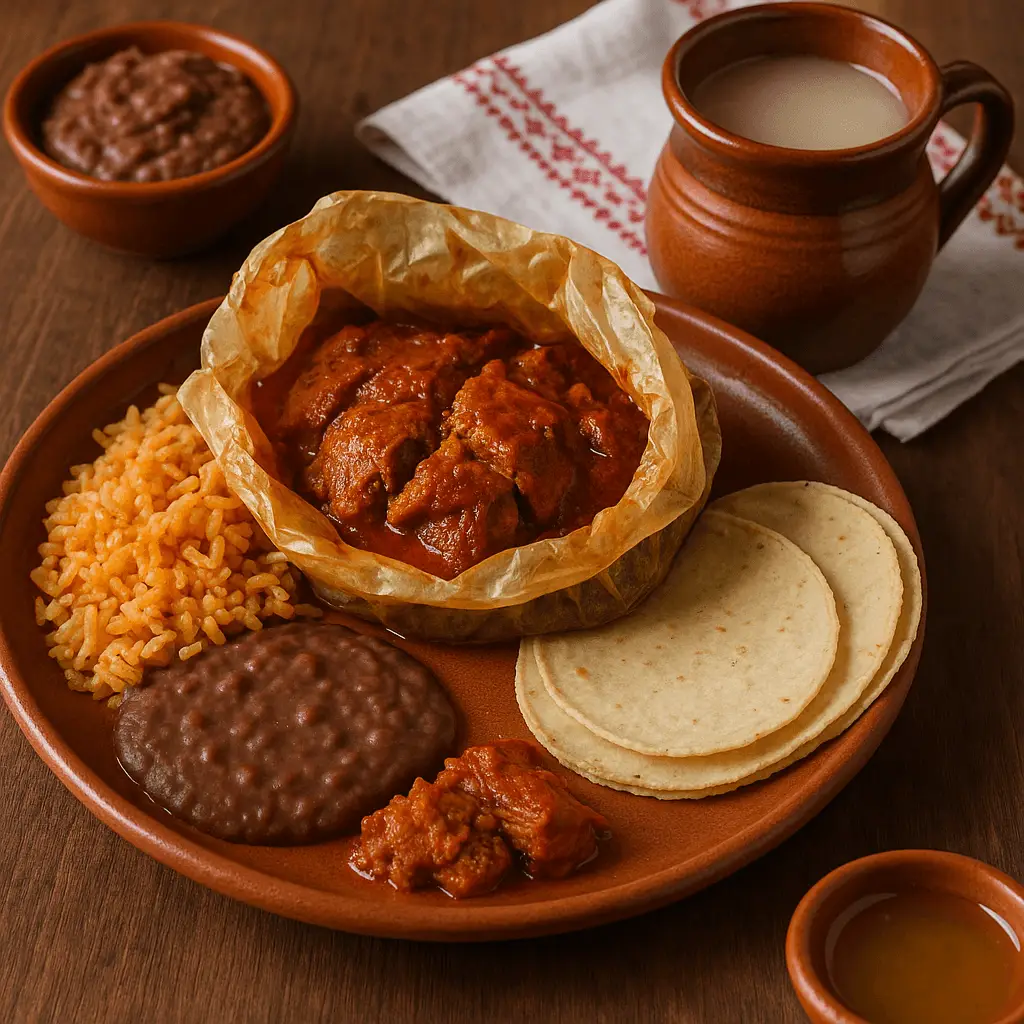 Plato de barro con mixiote tlaxcalteca abierto, carne en salsa roja acompañado de arroz rojo, frijoles refritos, tortillas de maíz y jarrito de bebida sobre mesa de madera.