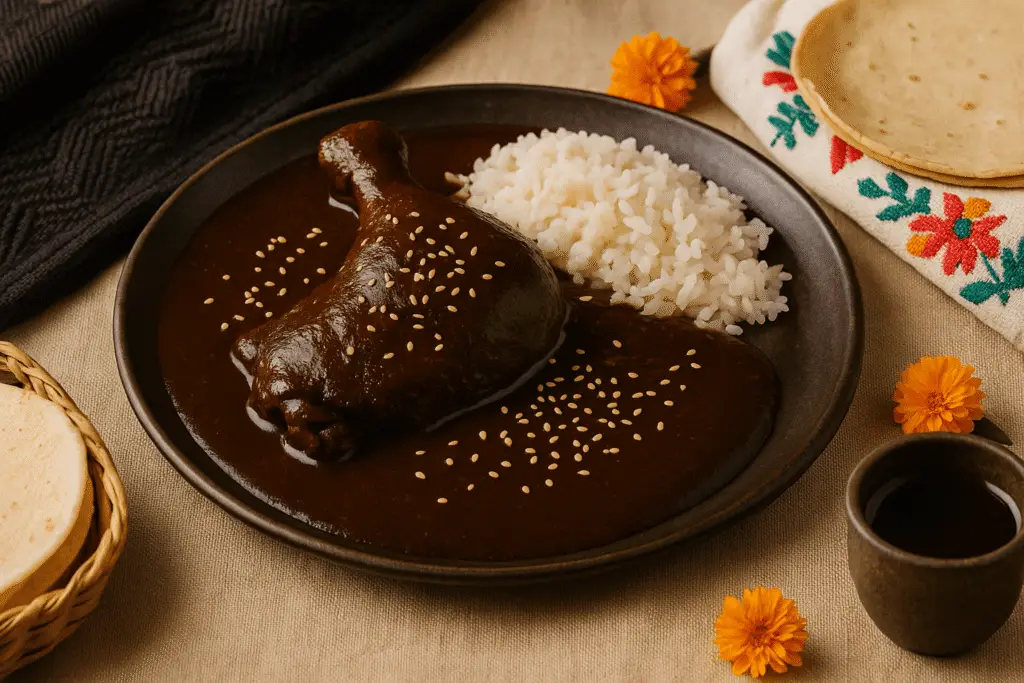 Plato de cerámica oscura con pieza de pollo bañada en mole negro oaxaqueño, espolvoreado con ajonjolí y acompañado de arroz blanco, tortillas sobre servilleta bordada, flores de cempasúchil y jarrito con bebida.