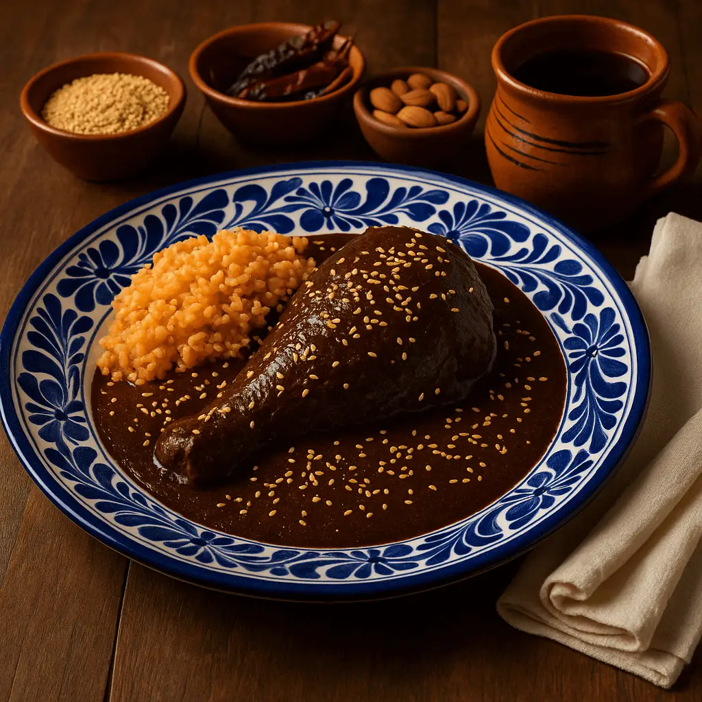 Plato de talavera poblana con pieza de pollo bañada en mole poblano, espolvoreado con ajonjolí y acompañado de arroz rojo, con cazuelitas de chiles, ajonjolí y almendras al fondo.