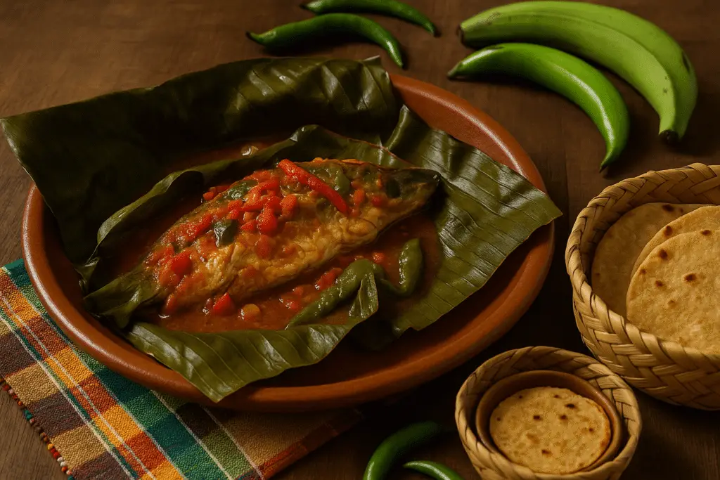 Plato de barro con mone tabasqueño de pescado servido en hoja de plátano abierta, cubierto con salsa roja y chiles verdes, acompañado de tortillas en canasta de palma, plátanos verdes y chiles sobre mesa de madera con mantel a rayas de colores.