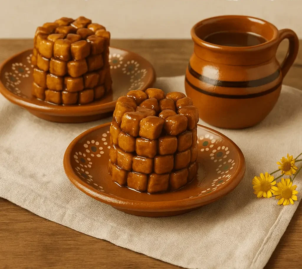 Platos de barro con torres de muéganos tlaxcaltecas bañados en miel de piloncillo, acompañados de jarrito de café de olla sobre mantel de manta.