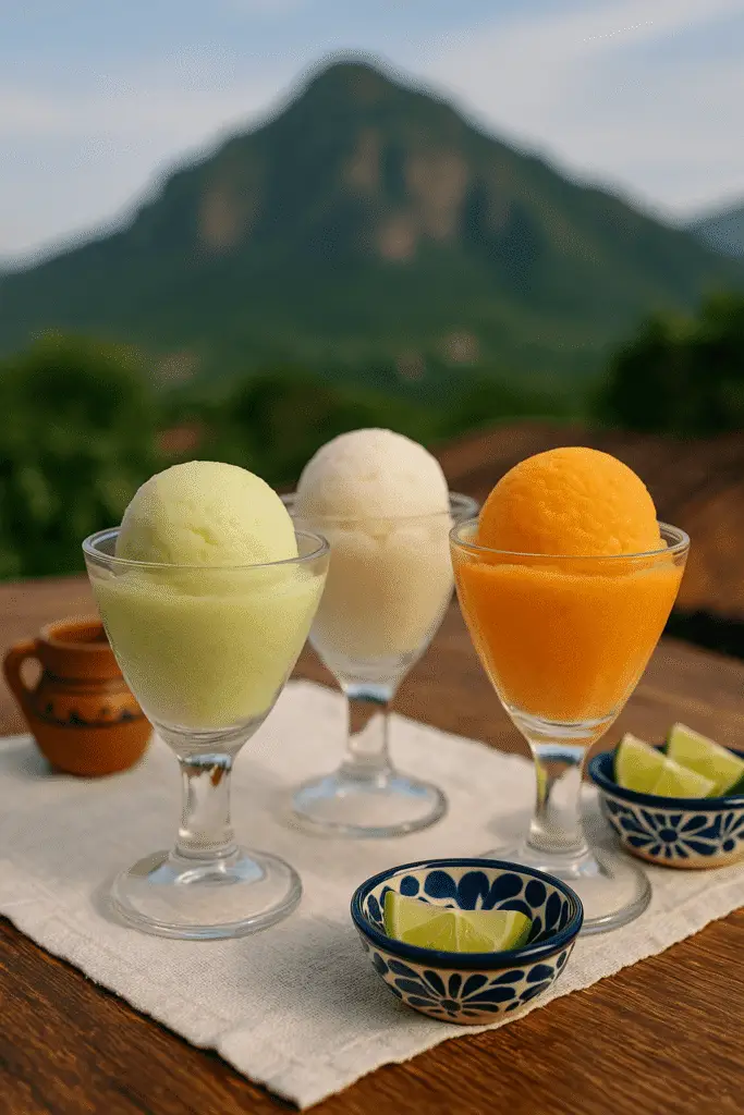 Copas con nieves artesanales de limón, guanábana y mamey sobre mesa de madera, con cazuelitas de talavera con gajos de limón y el Tepozteco desenfocado al fondo.