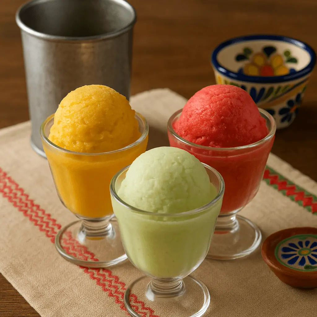 Copas con nieves de garrafa de sabores mango, fresa y limón, al frente de una garrafa metálica y un plato de talavera sobre mantel claro con detalle bordado.