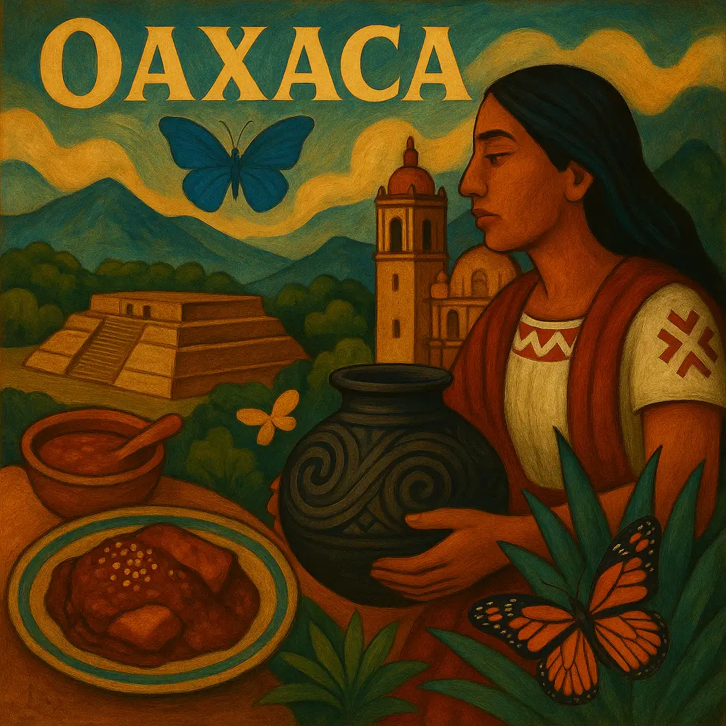 Templo de Santo Domingo y calles coloridas de Oaxaca de Juárez.