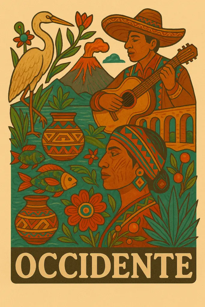 Paisajes fértiles y pueblos coloridos del occidente de México, cuna de tradiciones y música.