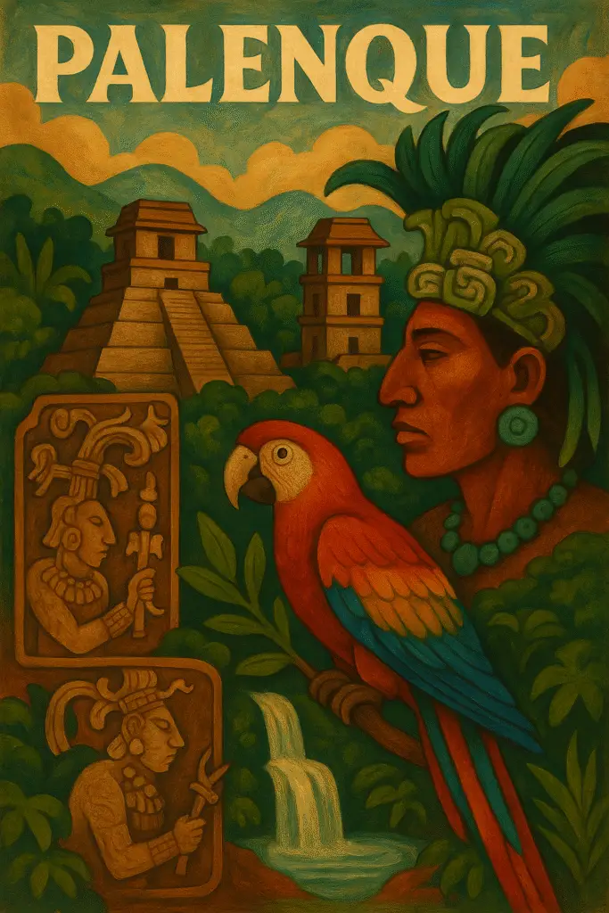 Templos mayas y selva tropical en la zona arqueológica de Palenque, Chiapas.