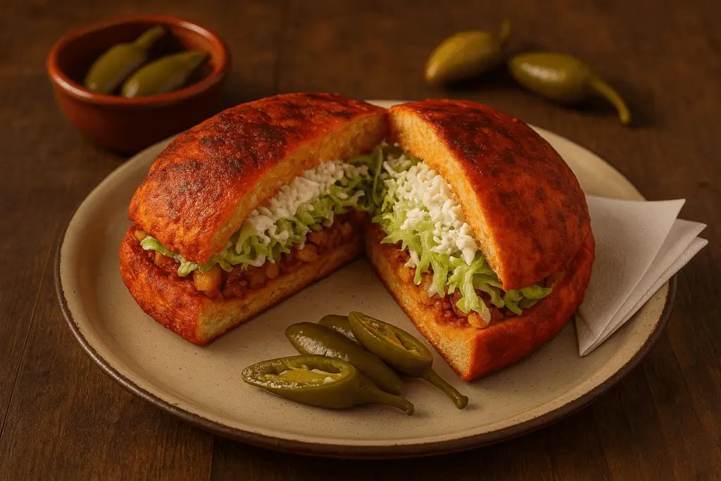 Pambazo chilango partido a la mitad en plato de cerámica, pan rojo relleno de papa con chorizo, lechuga, crema y queso, acompañado de chiles en vinagre sobre mesa de madera.