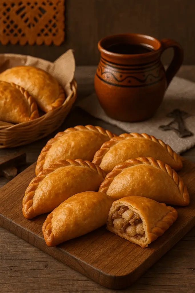 Pastes hidalguenses dorados sobre tabla, uno abierto mostrando relleno de papa con carne, acompañados de canasta con más pastes y jarrito de café de olla.”