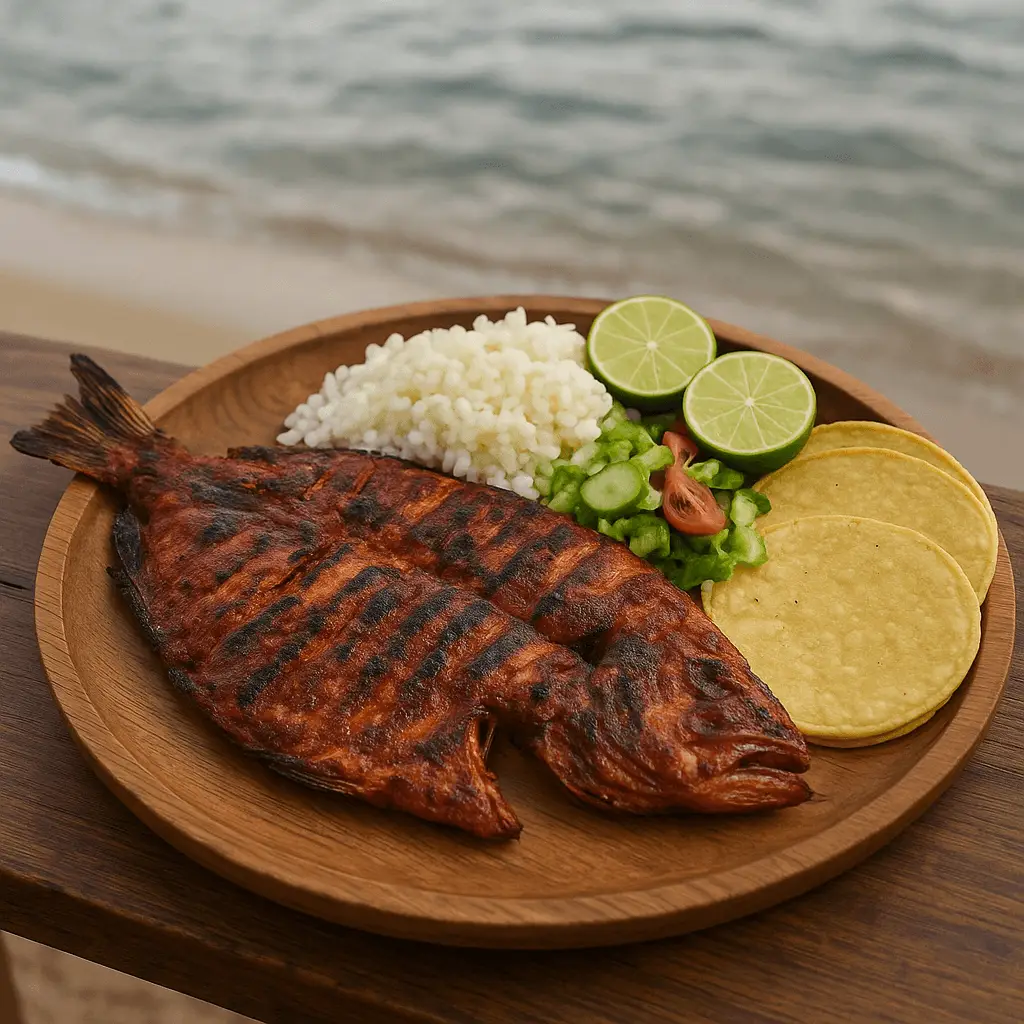 Pescado a la talla sobre bandeja de madera, pescado entero asado en adobo rojo acompañado de arroz blanco, ensalada, tortillas y limones, con el mar desenfocado al fondo.