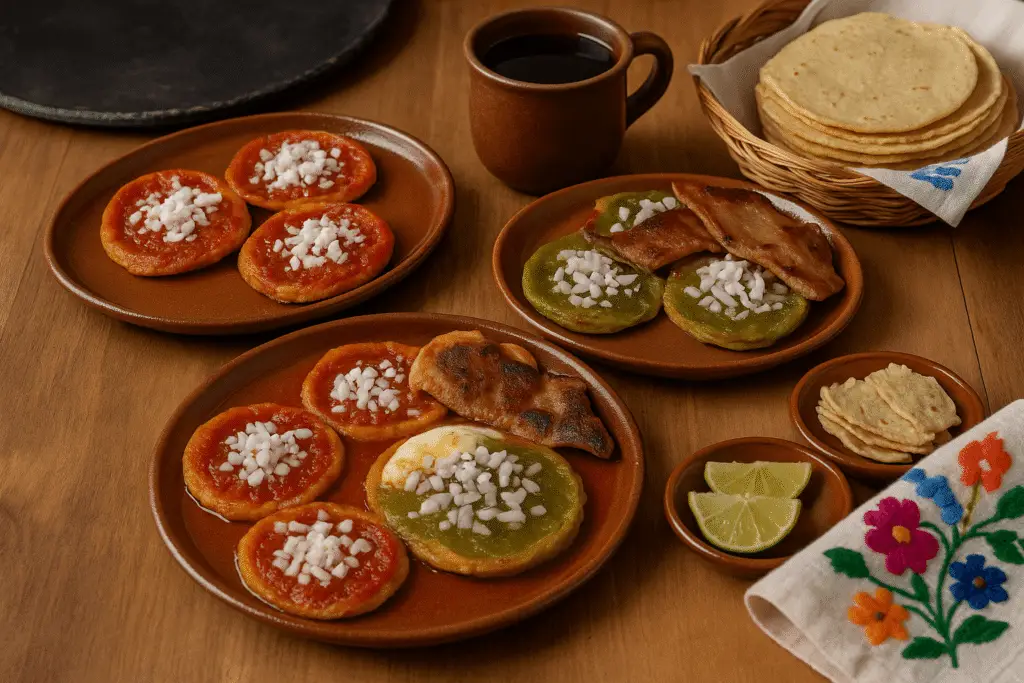Platos de barro con picadas veracruzanas rojas y verdes, tortillitas gruesas cubiertas con salsa, queso fresco y cebolla, algunas con huevo estrellado y cecina, acompañadas de café y canasta de tortillas sobre mesa de madera.
