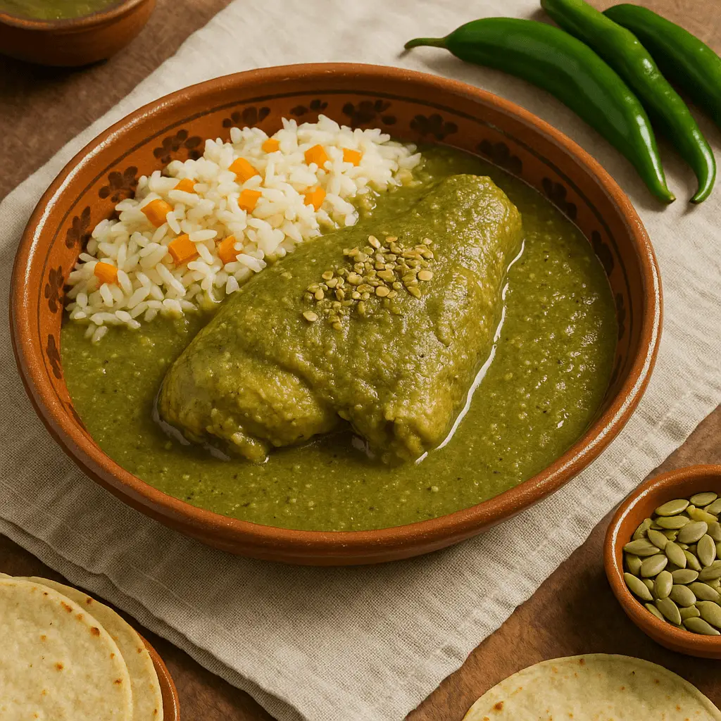 Cazuela de barro con pieza de pollo en pipián verde espeso, decorado con pepita tostada y acompañado de arroz blanco con zanahoria, tortillas y pepitas en cazuelita sobre mesa de madera.