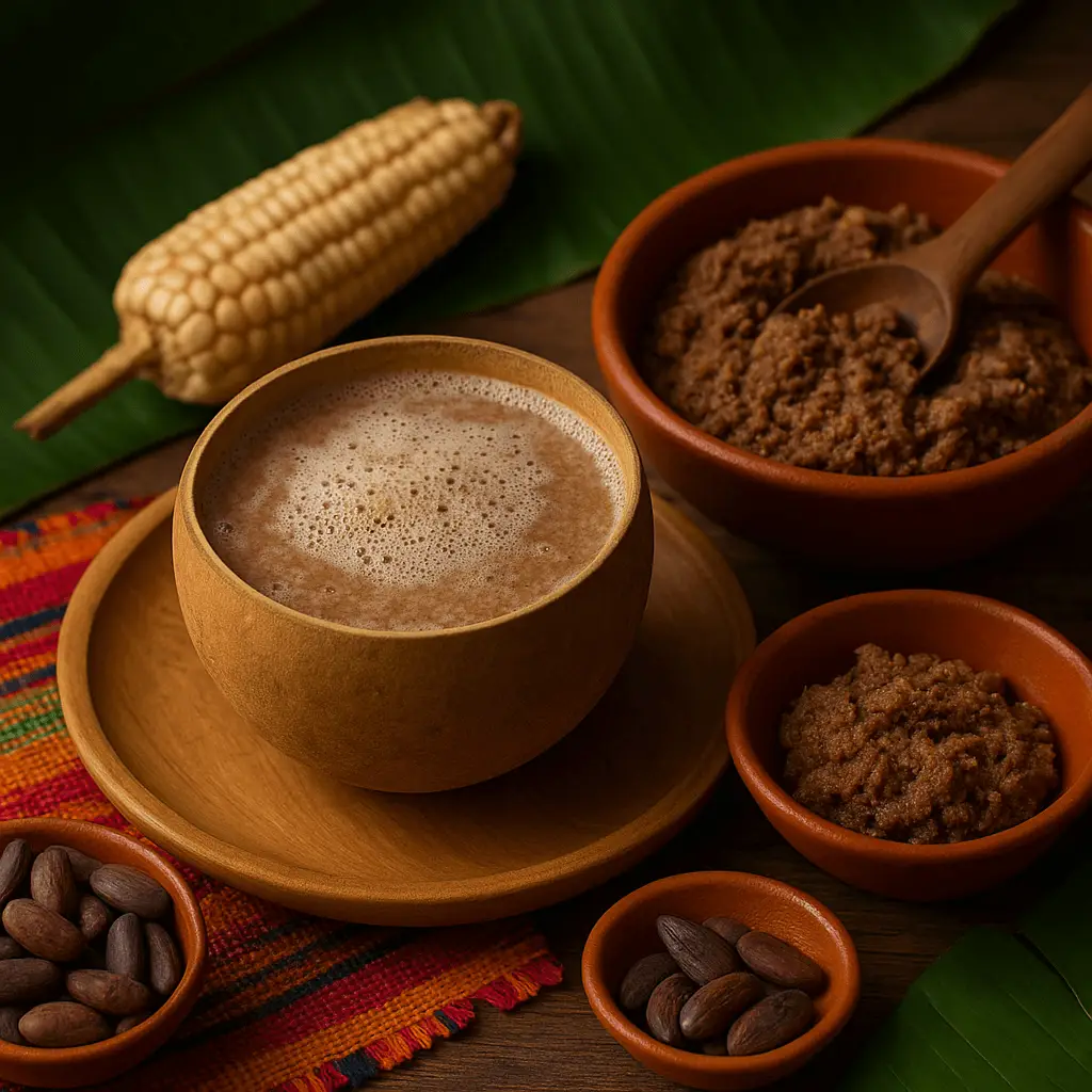 Jícara con pozol de cacao espumoso sobre plato de madera, rodeada de masa de pozol en tazones de barro, granos de cacao, mazorca de maíz y hoja de plátano sobre mantel tejido de colores.