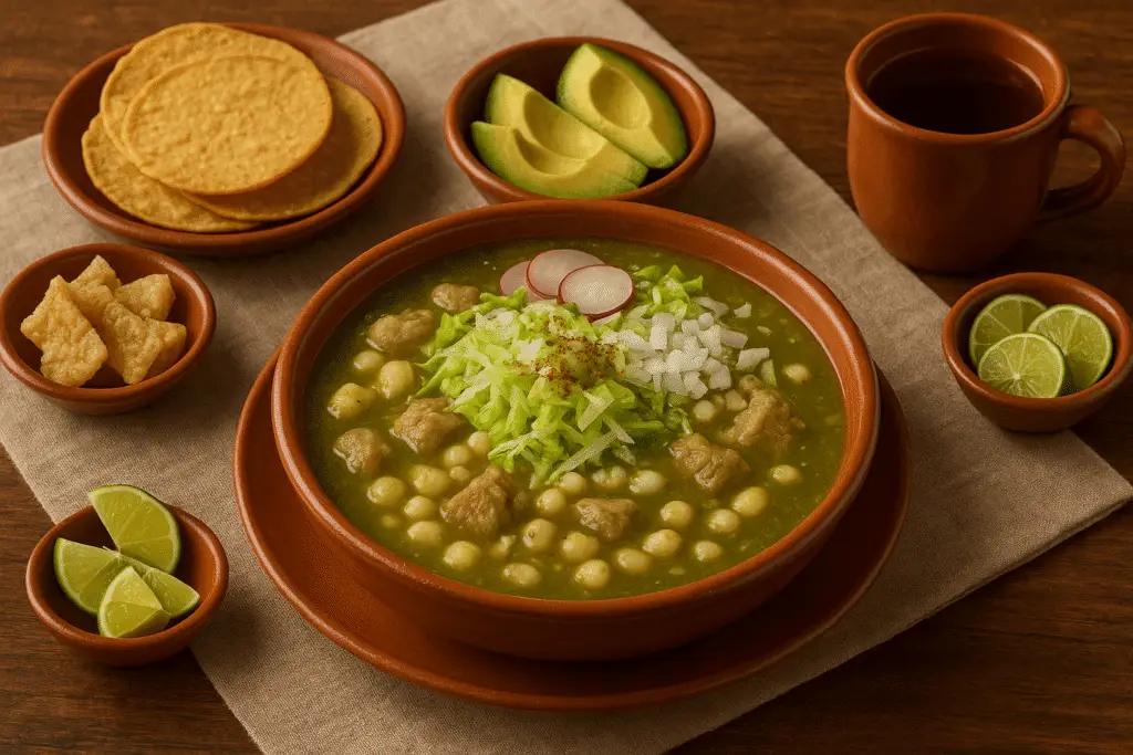 Tazón de barro con pozole verde guerrerense, maíz cacahuazintle y carne de cerdo cubiertos con lechuga, rábano y cebolla, rodeado de tostadas, chicharrón, aguacate, limón y jarrito con agua de jamaica sobre mesa de madera.
