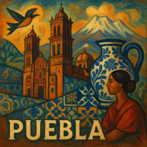 Catedral de Puebla y volcanes Popocatépetl e Iztaccíhuatl al fondo.